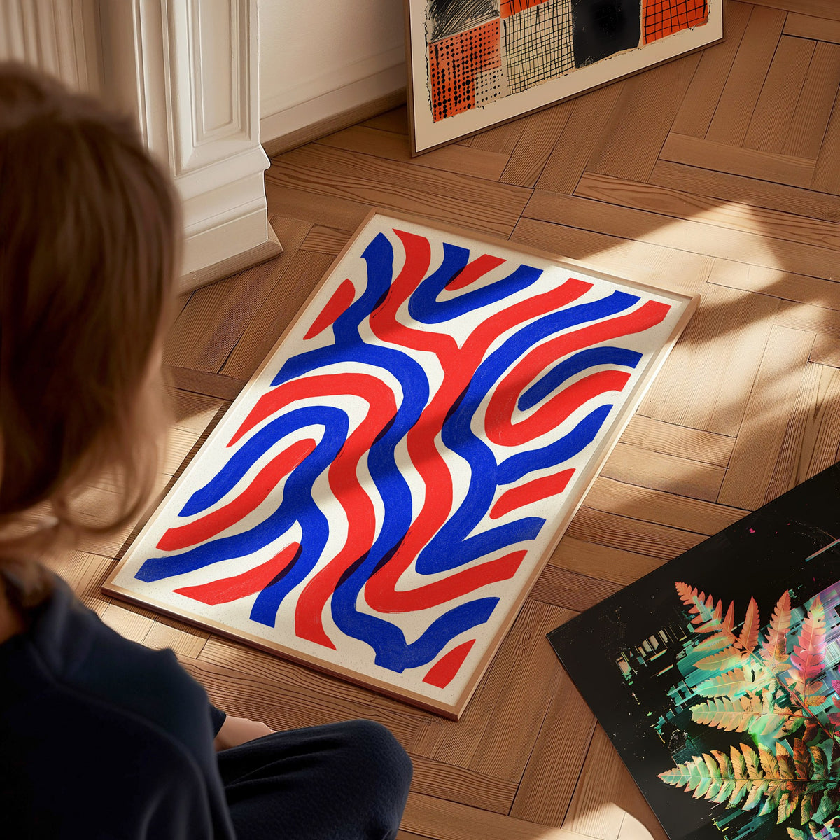 Woven Currents Poster | Coral and Cobalt Abstract Art Print | Modern Coastal Wall Art — styled in an interior