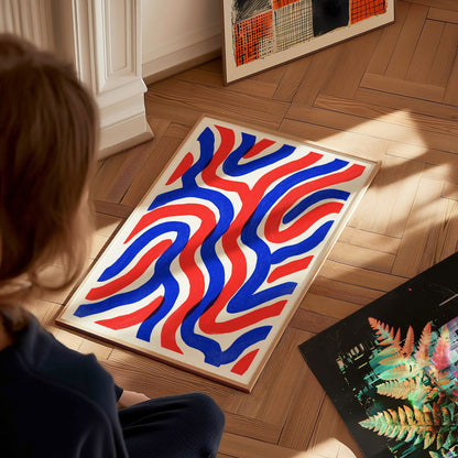 Woven Currents Poster | Coral and Cobalt Abstract Art Print | Modern Coastal Wall Art — styled in an interior