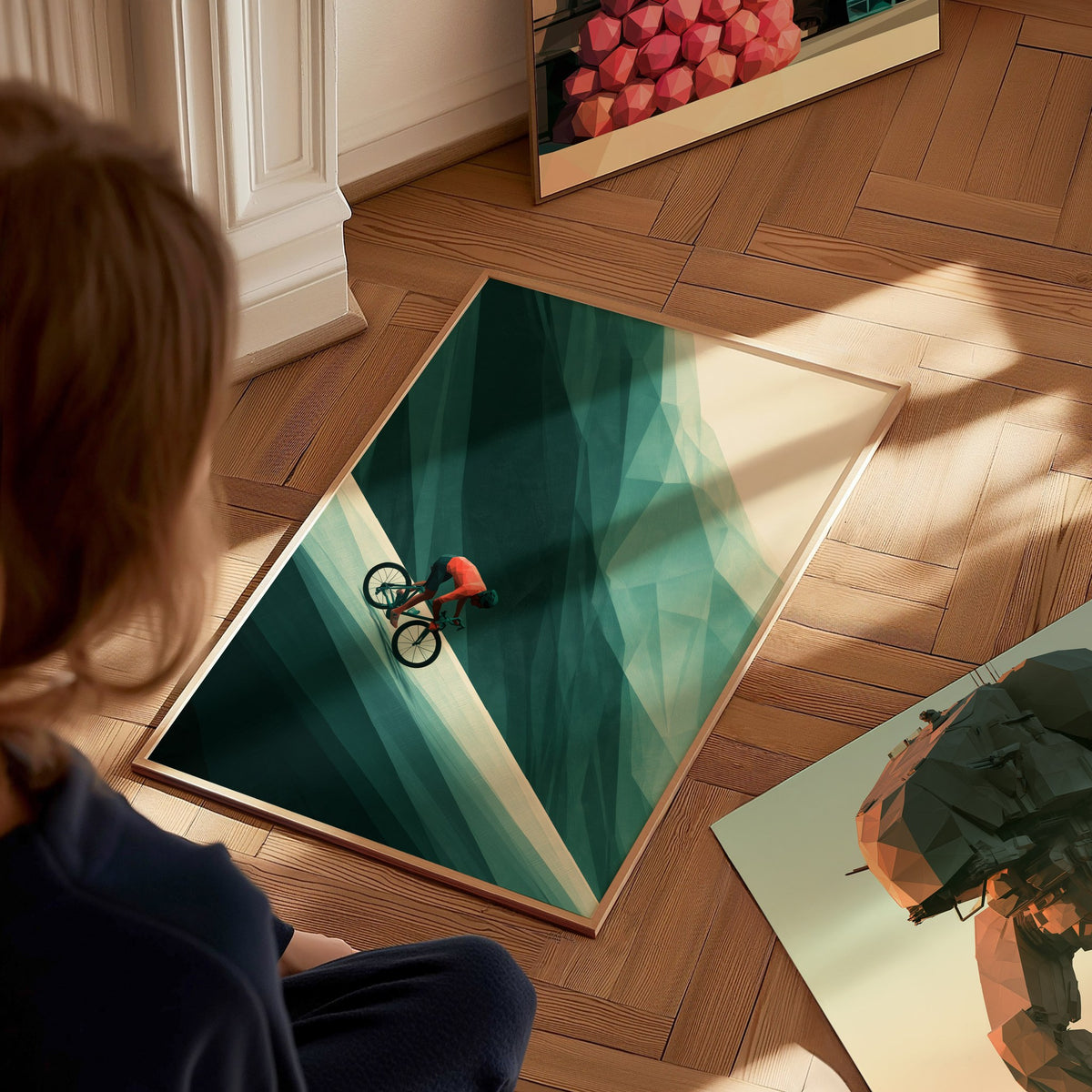 Cyclist Claims Hill Poster | Coral and Forest Low Poly Art Print | Cycling Wall Art — styled in an interior