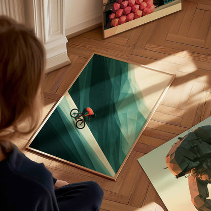 Cyclist Claims Hill Poster | Coral and Forest Low Poly Art Print | Cycling Wall Art — styled in an interior