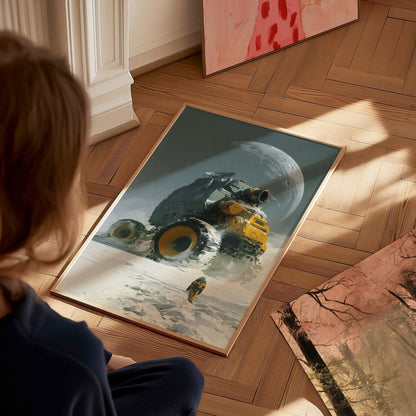 Rover Dwarfs Explorer Poster | Gray and Yellow Oil Painting Art Print | Sci-Fi Wall Art — styled in an interior