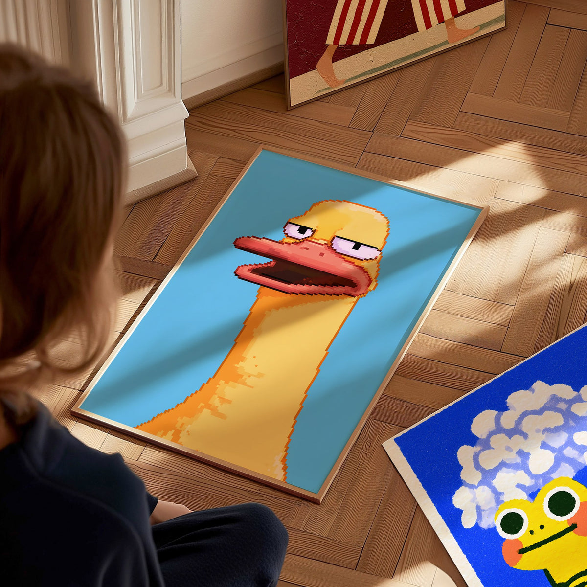 Tired Duck Portrait Poster | Pink and Yellow Pixel Art Print | Gaming Wall Art — styled in an interior
