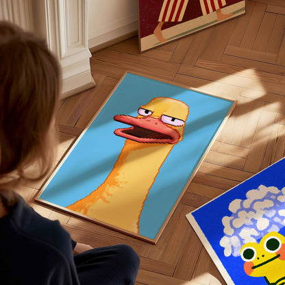 Tired Duck Portrait Poster | Pink and Yellow Pixel Art Print | Gaming Wall Art — styled in an interior