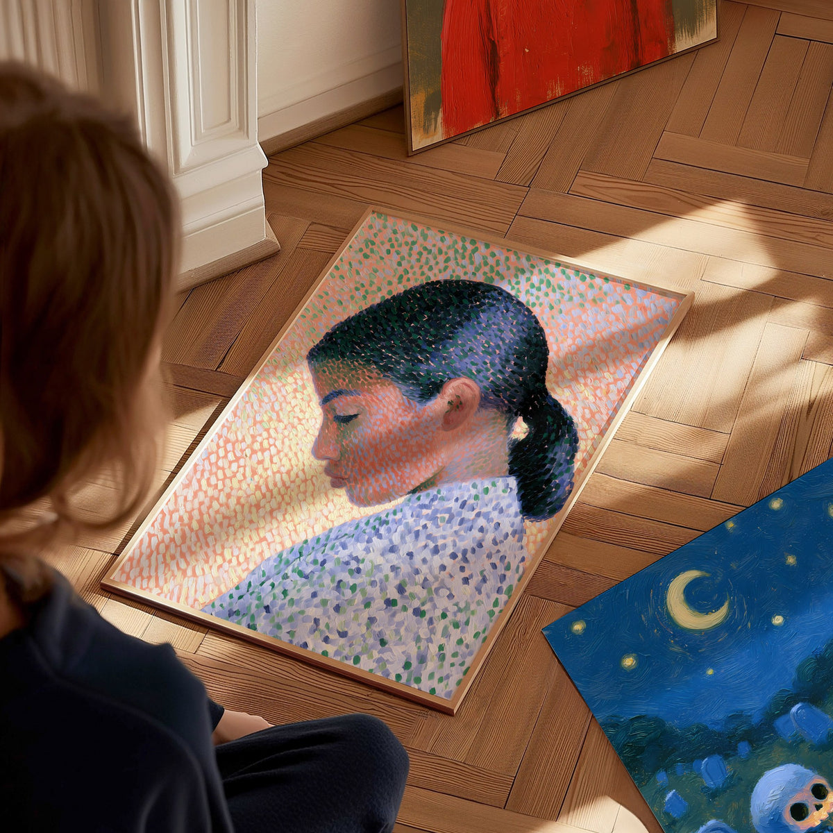 Girl in Ponytail Poster | Coral and Purple Oil Painting Art Print | Contemporary Portrait Wall Art — styled in an interior