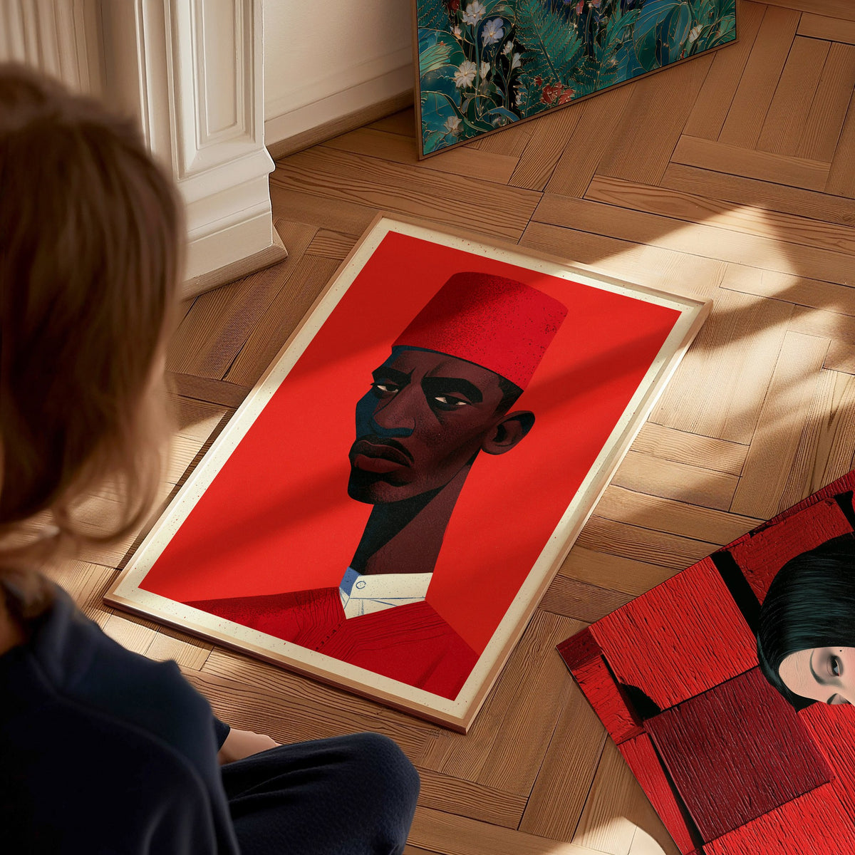 Man Wears Fez Poster | Red and Teal Illustrative Art Print | Retro Portrait Wall Art — styled in an interior