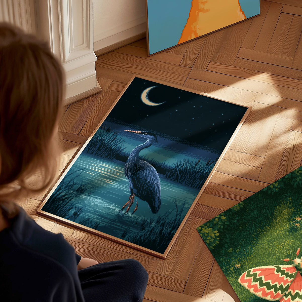 Heron Finds Moonlight Poster | Teal and Navy Pixel Art Print | Retro Gaming Wall Art — styled in an interior