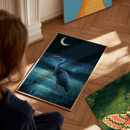 Heron Finds Moonlight Poster | Teal and Navy Pixel Art Print | Retro Gaming Wall Art — styled in an interior