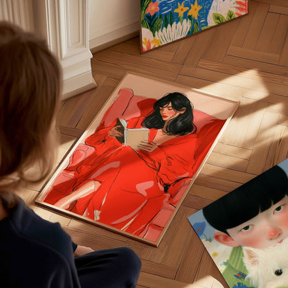 Woman Reading In Red Poster | Coral and Pink Illustrative Art Print | Quiet Interiors Wall Art — styled in an interior