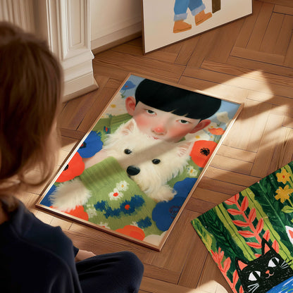Boy With Westie Poster | Blue and Green Illustrative Art Print | Contemporary Wall Art — styled in an interior