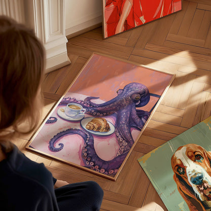 Breakfast Octopus Poster | Purple and Coral Illustrative Art Print | Kitchen Wall Art — styled in an interior