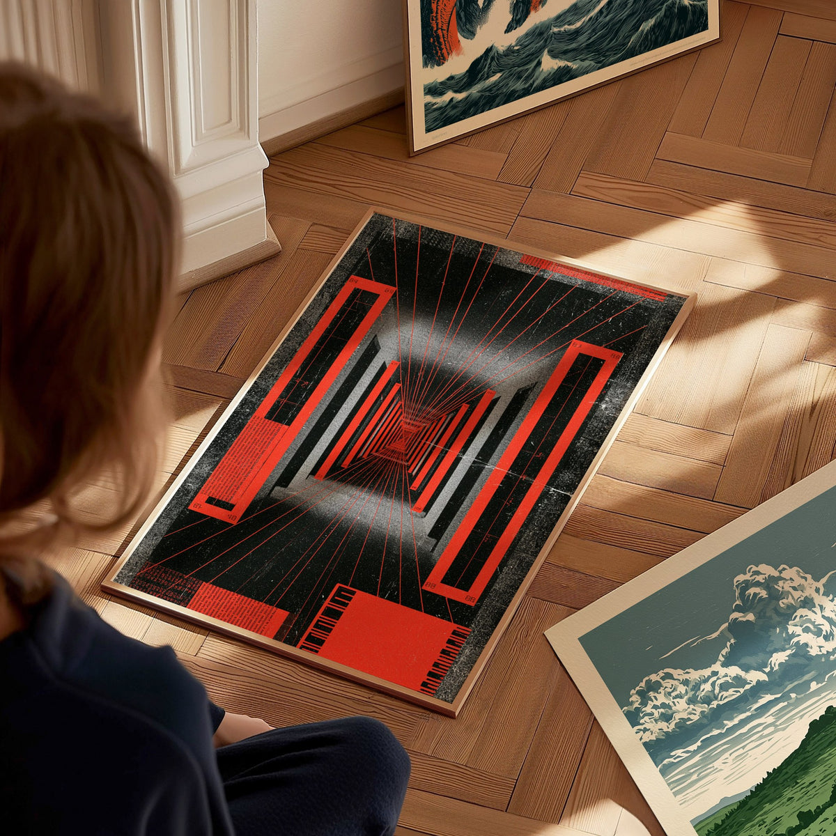 Corridor Radiates Red Poster | Red and Black Screen Print Art Print | Brutalist Wall Art — styled in an interior