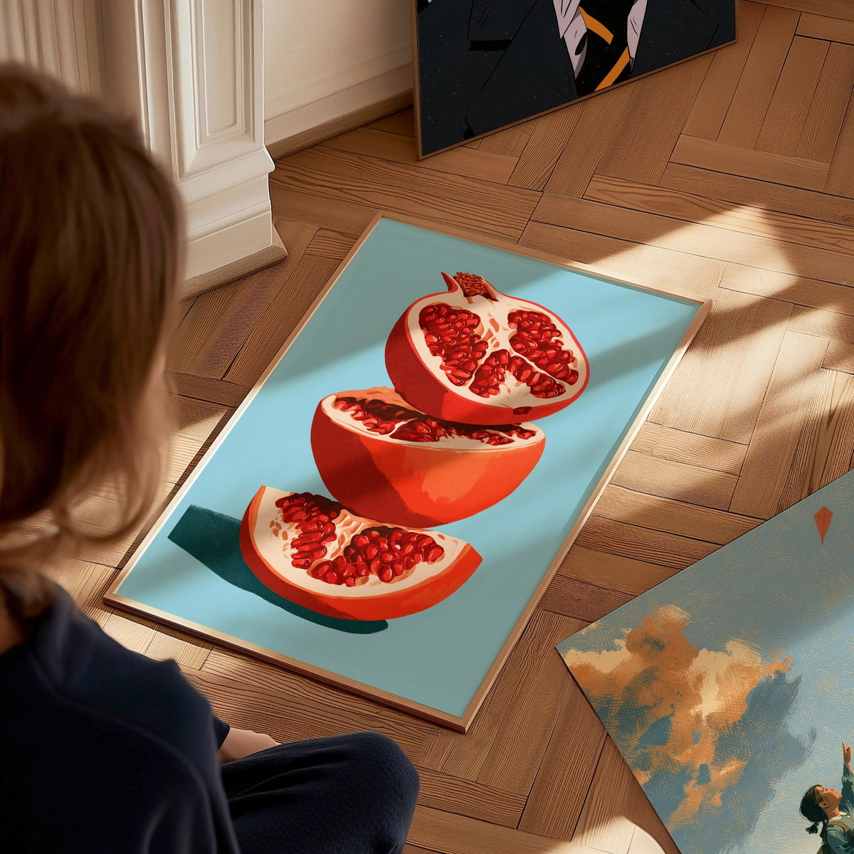 Pomegranate Towers Poster | Navy and Hot Illustrative Art Print | Kitchen Wall Art — styled in an interior