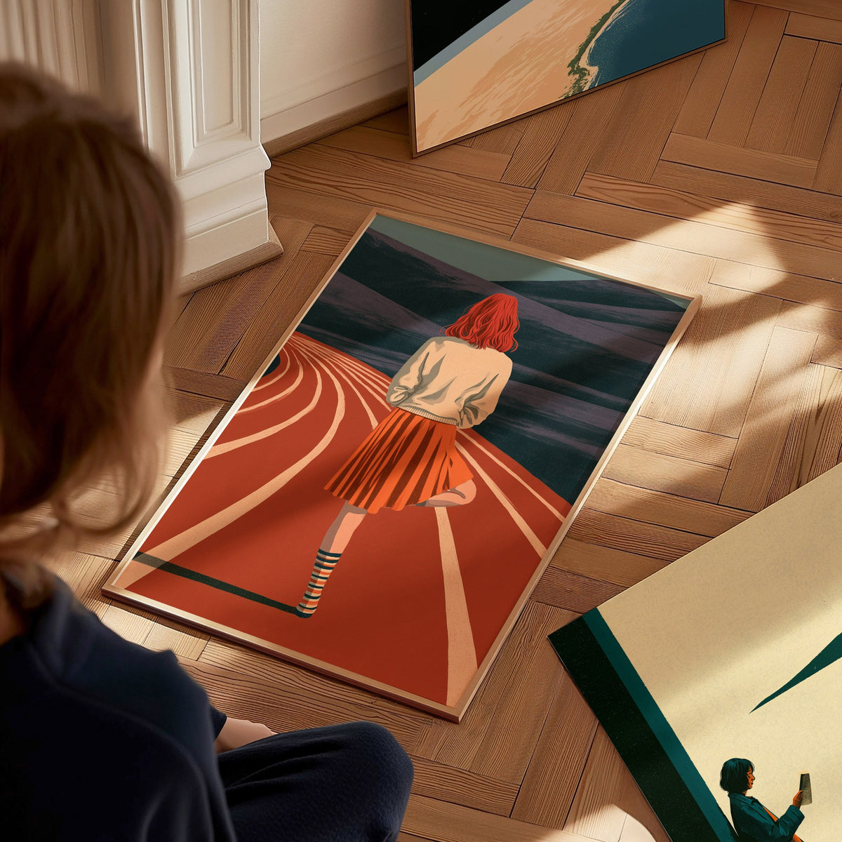 Athlete Reaches Skyward Poster | Rust and Orange Illustrative Art Print | Athletes Wall Art — styled in an interior
