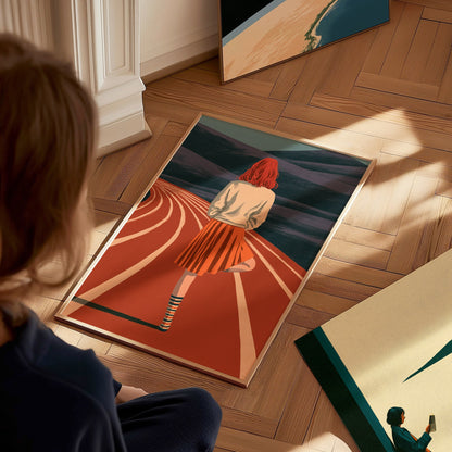 Athlete Reaches Skyward Poster | Rust and Orange Illustrative Art Print | Athletes Wall Art — styled in an interior