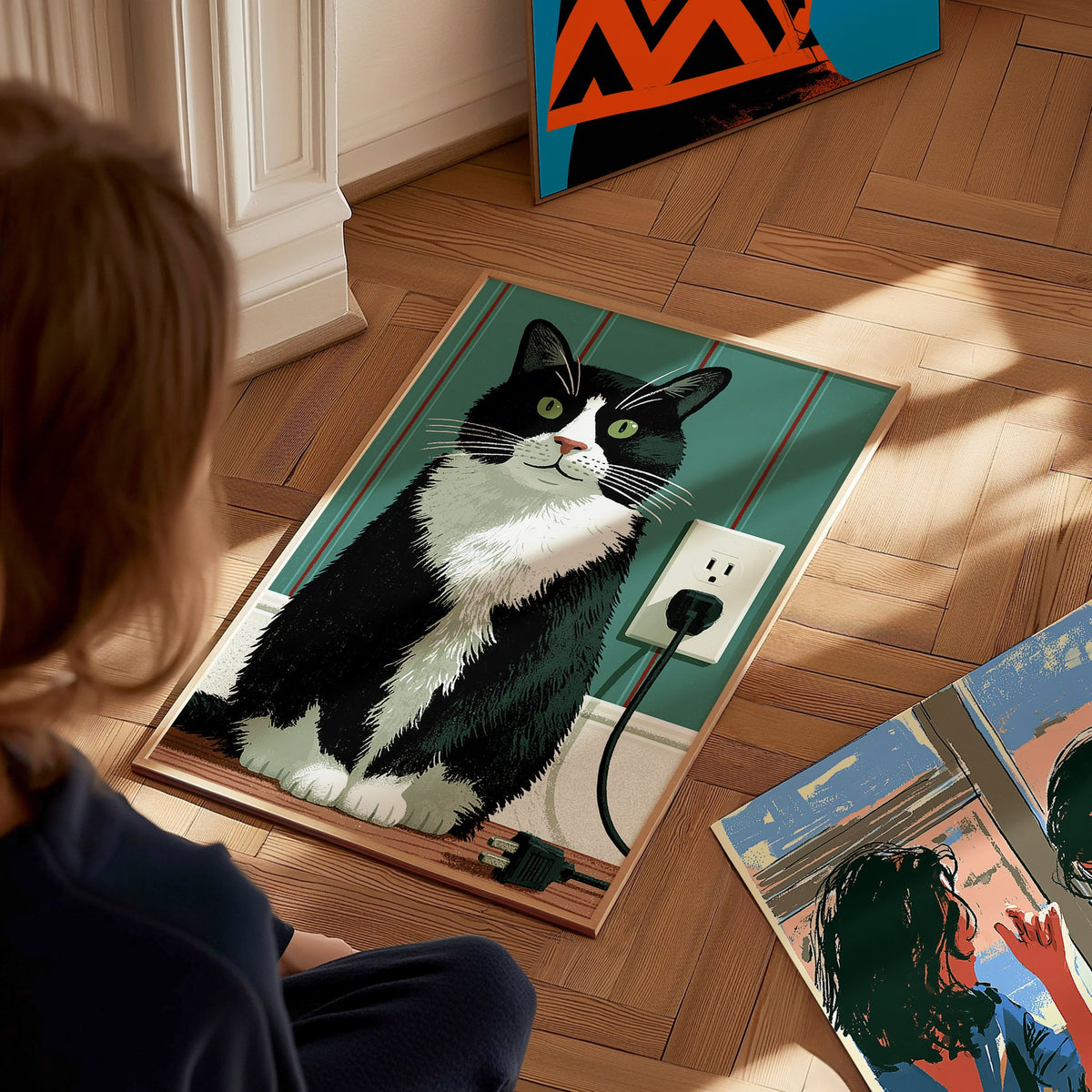 Tuxedo Cat Unplugged Poster | Sage and Cream Illustrative Art Print | Cat Lover Wall Art — styled in an interior