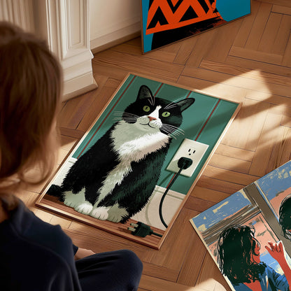 Tuxedo Cat Unplugged Poster | Sage and Cream Illustrative Art Print | Cat Lover Wall Art — styled in an interior