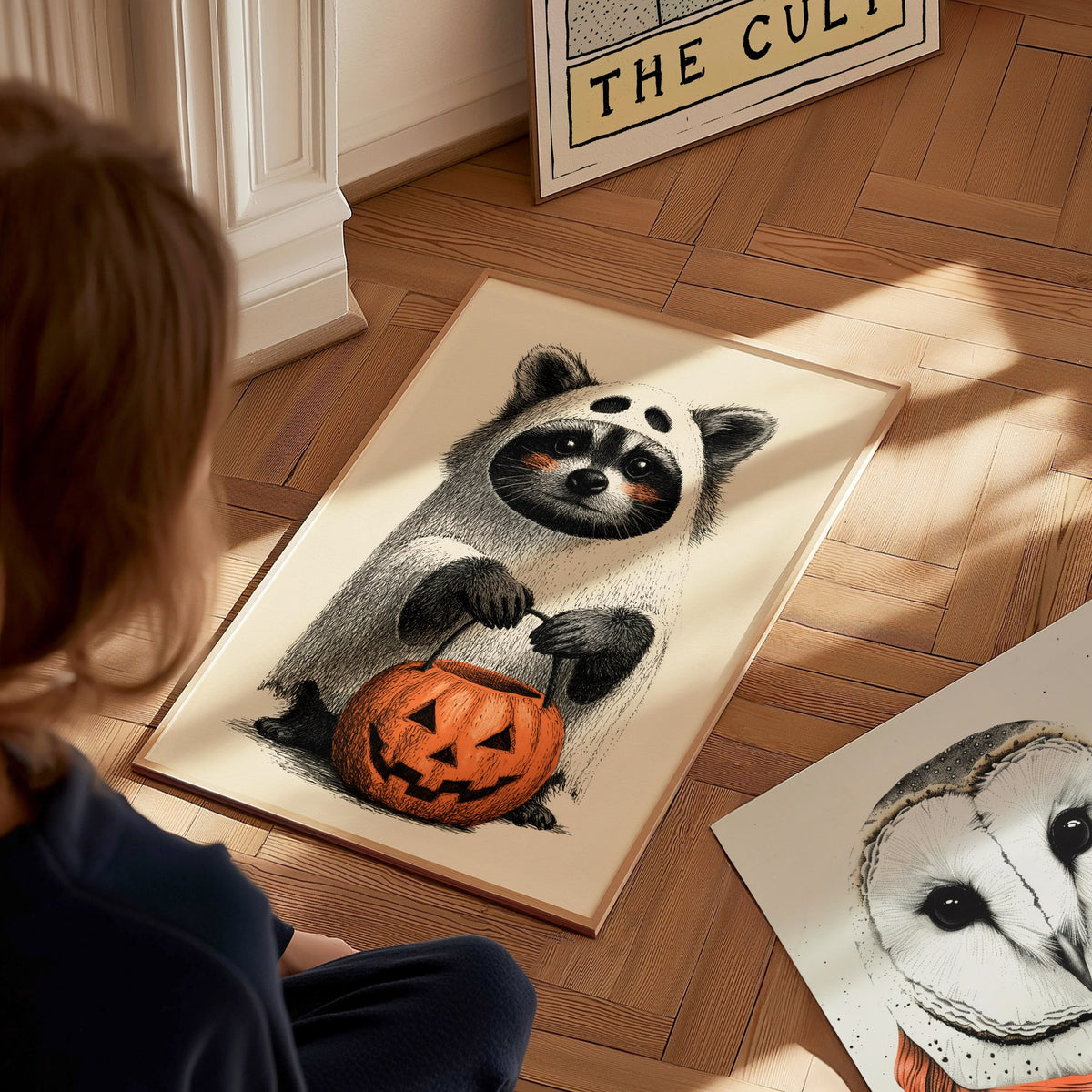 Raccoon Trick-or-treats Poster | Gray and Orange Pen and Ink Art Print | Halloween Wall Art — styled in an interior