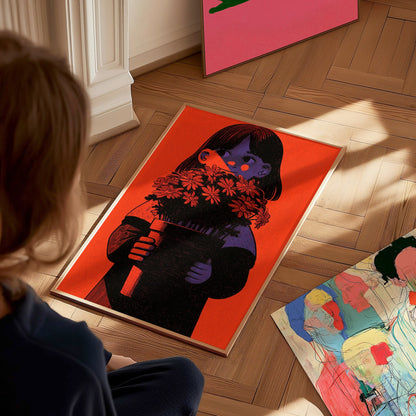 Girl Holds Blooms Poster | Coral and Purple Illustrative Art Print | Kids Room Wall Art — styled in an interior