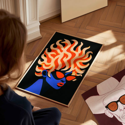 Modern Medusa Poster | Blue and Orange Illustrative Art Print — styled in an interior