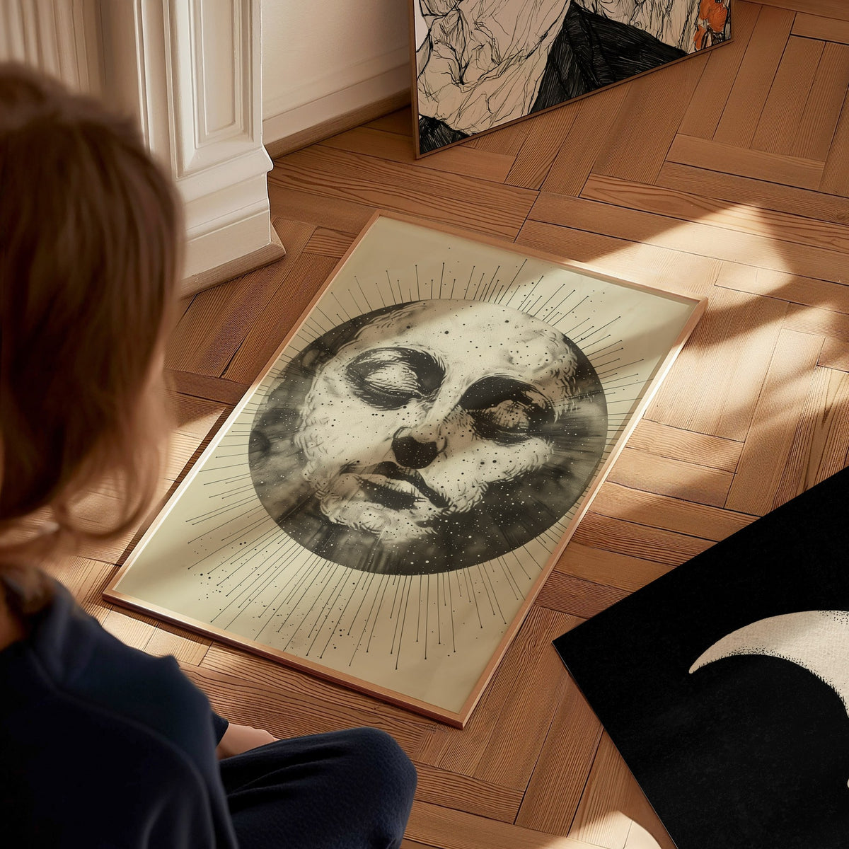 Ink Sun Face Poster | Black and Cream Pen and Ink Art Print | Dark Academia Wall Art — styled in an interior