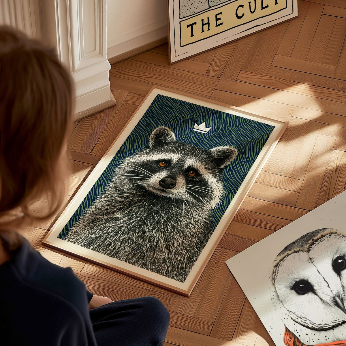 Raccoon Rules Stars Poster | Navy and Green Pen and Ink Art Print | Dark Academia Wall Art — styled in an interior