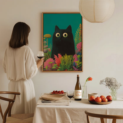 Black Cat in Garden Poster | Animals Art Print — styled in an interior