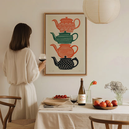 Stacked Teapots Poster | Burnt Orange Screen Print Art Print | Kitchen Wall Art — styled in an interior