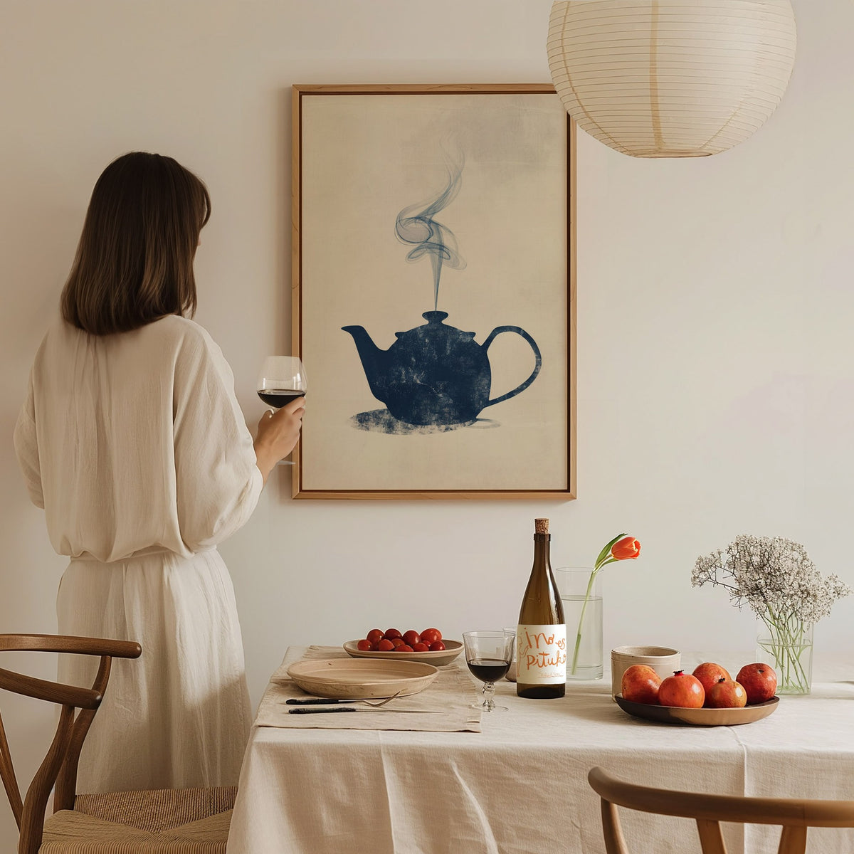 Kettle Steam Poster | Navy and Cream Minimalism Art Print | Kitchen Wall Art — styled in an interior