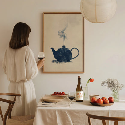 Kettle Steam Poster | Navy and Cream Minimalism Art Print | Kitchen Wall Art — styled in an interior