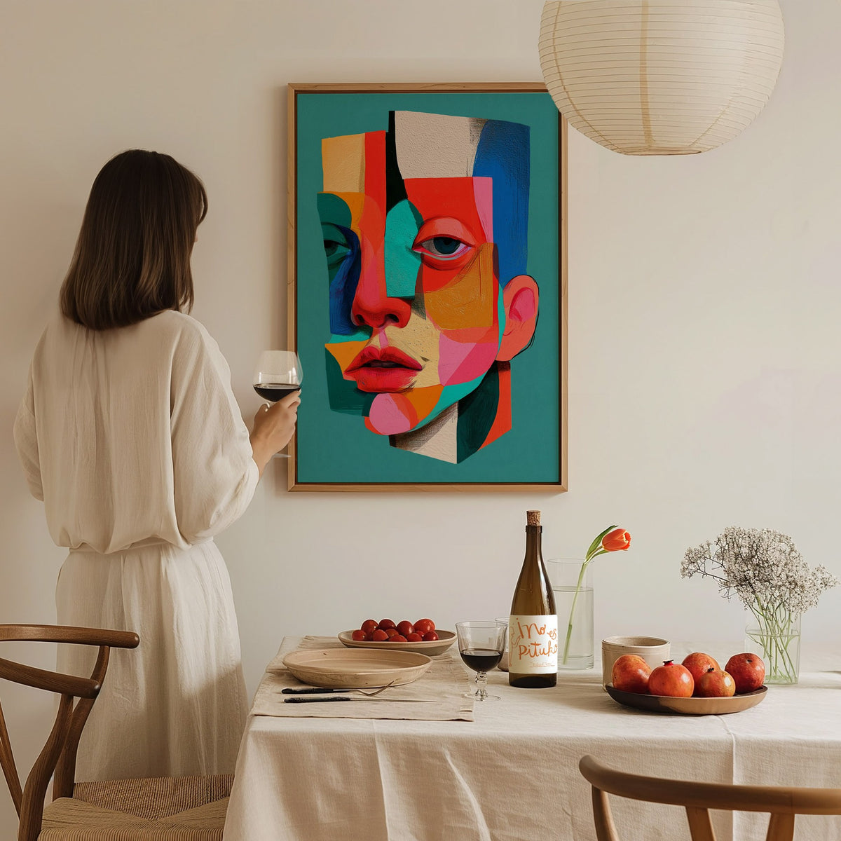 Split Face Mosaic Poster | Teal and Coral Illustrative Art Print | Modern Portrait Wall Art — styled in an interior