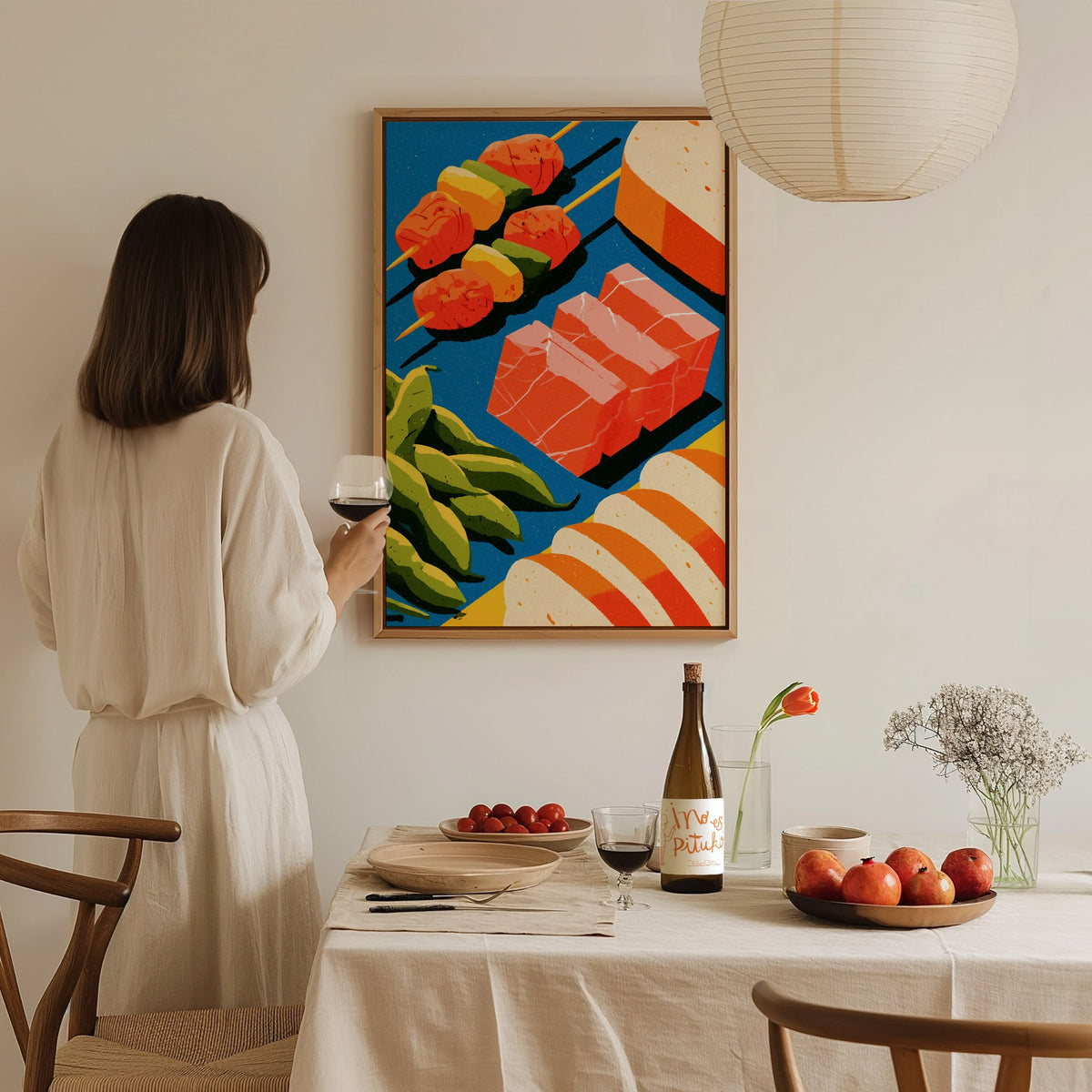 Japanese Seafood Still Life Poster | Cobalt and Coral Illustrative Art Print | Kitchen Wall Art — styled in an interior