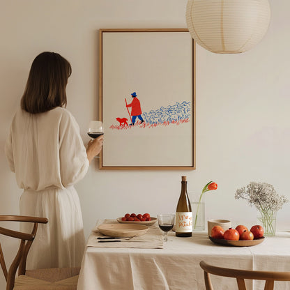 Shepherd Leads Home Poster | Red and Blue Screen Print Art Print | Nursery Wall Art — styled in an interior