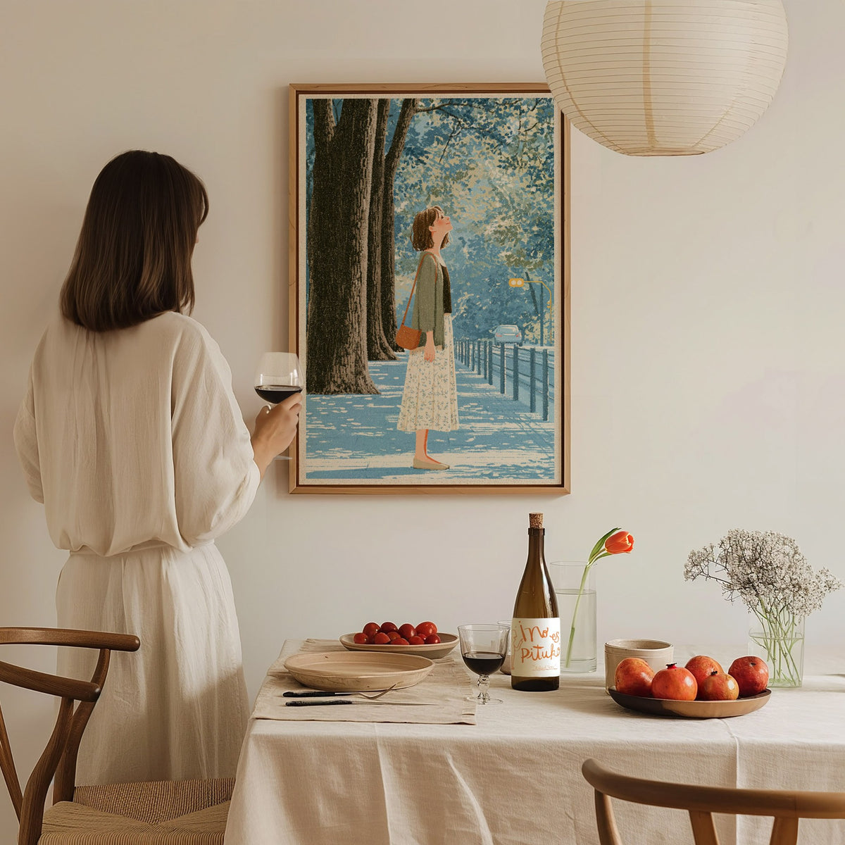 Woman Tilts Toward Light Poster | Olive and Cream Illustrative Art Print | Quiet Spaces Wall Art — styled in an interior