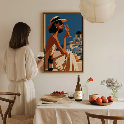 Woman Sips Santorini Poster | Terracotta and Cobalt Illustrative Art Print | Mediterranean Travel Wall Art — styled in an int
