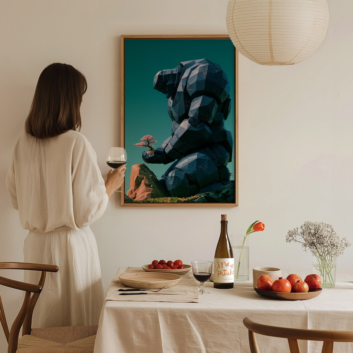 Golem Tends Blossom Poster | Navy and Teal Low Poly Art Print | Sci-Fi Wall Art — styled in an interior