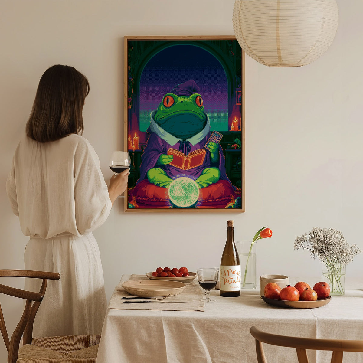 Frog Sees Fortune Poster | Purple and Teal Pixel Art Print | Dark Fantasy Wall Art — styled in an interior