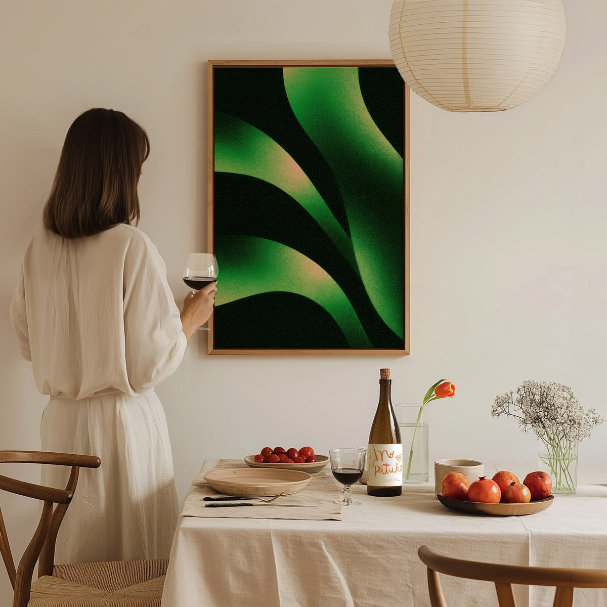 Sorrel Leaf Curves Poster | Lime and Black Illustrative Art Print | Kitchen Wall Art — styled in an interior