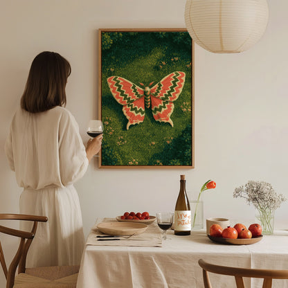 Moth Owns Chevron Poster | Coral and Olive Pixel Art Print | Retro Gaming Wall Art — styled in an interior