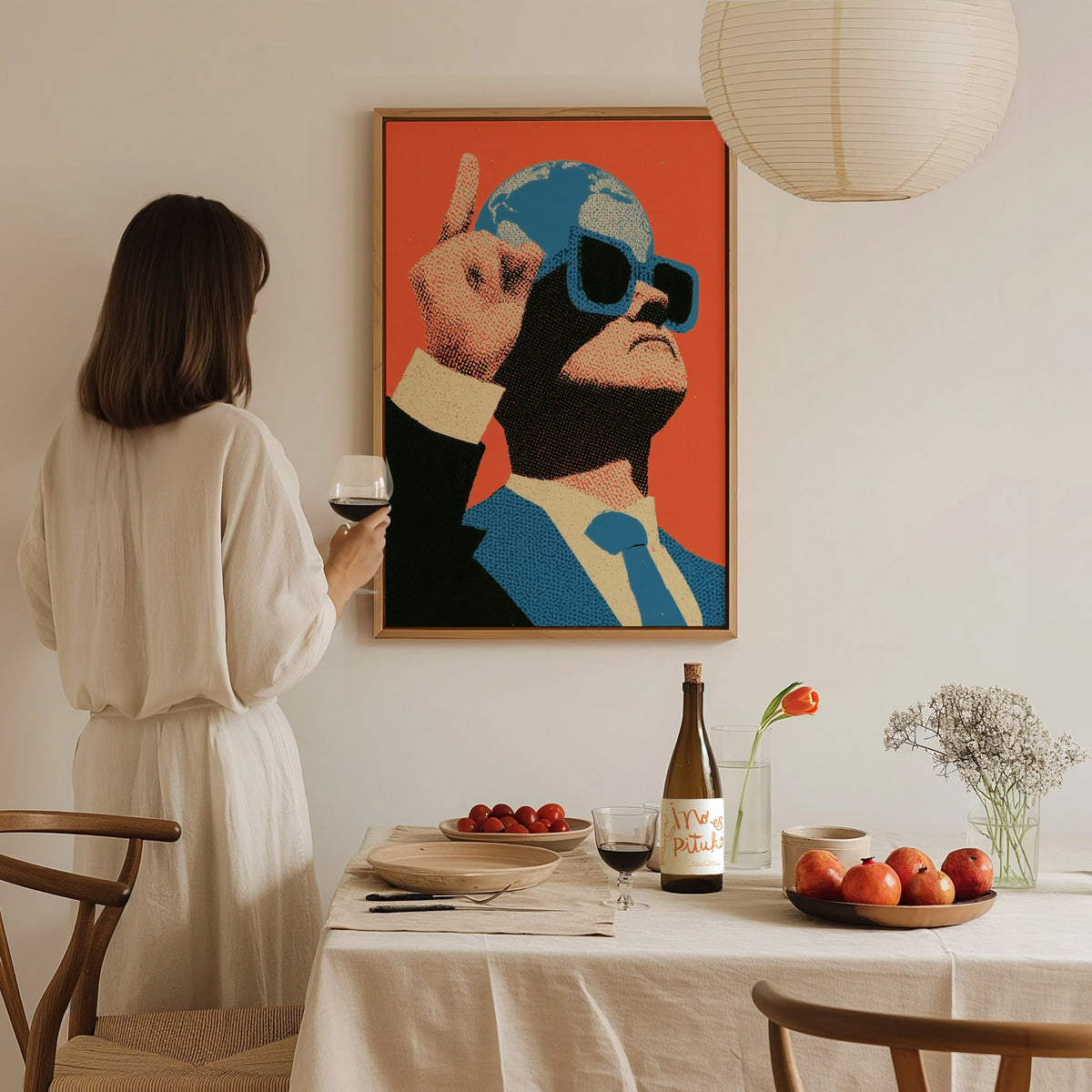 Globe Head Points Up Poster | Coral and Blue Screen Print Art Print | Contemporary Wall Art — styled in an interior