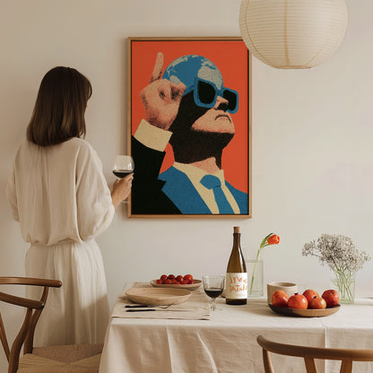 Globe Head Points Up Poster | Coral and Blue Screen Print Art Print | Contemporary Wall Art — styled in an interior