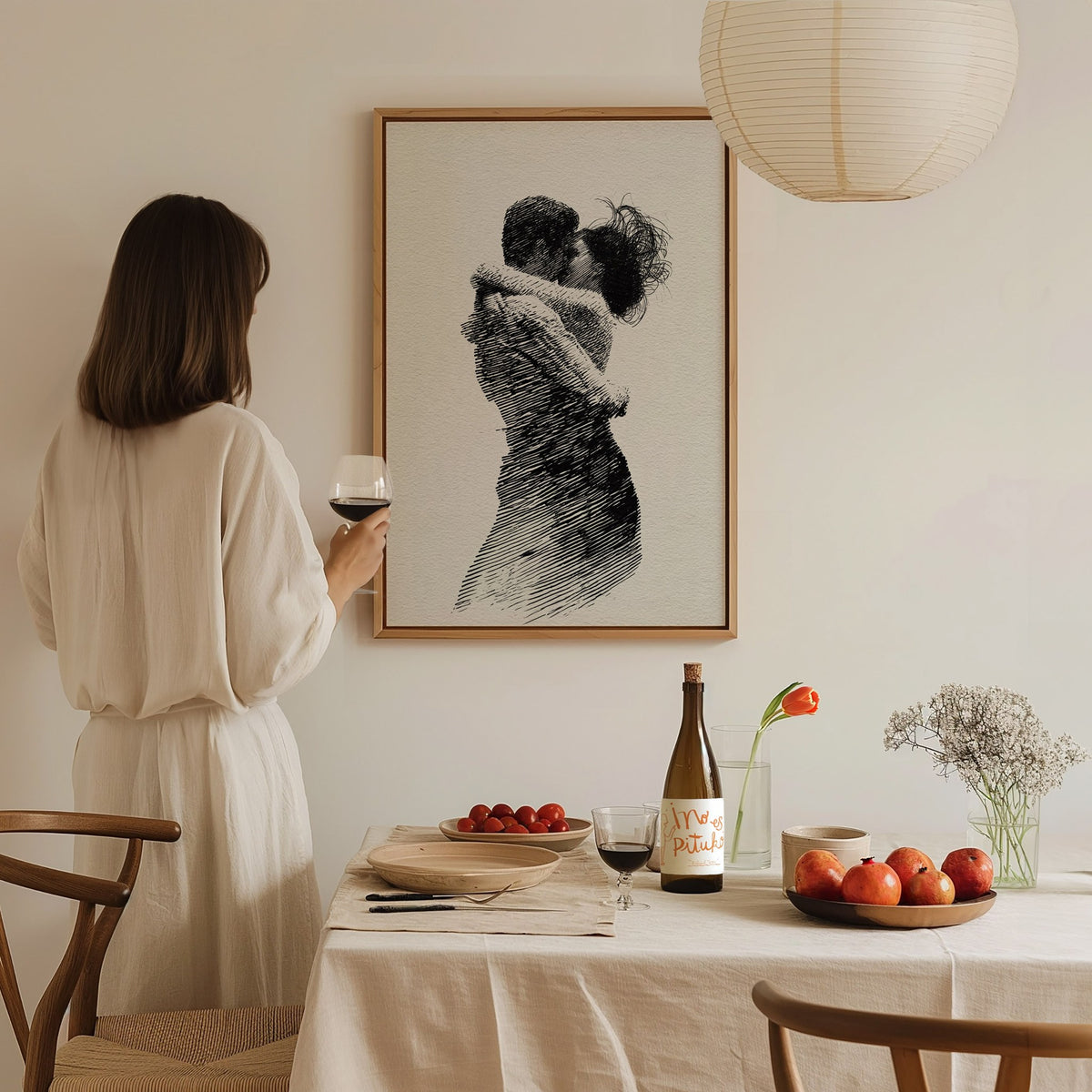 Lovers Almost Kiss Poster | Black and Cream Pen and Ink Art Print | Romantic Wall Art — styled in an interior