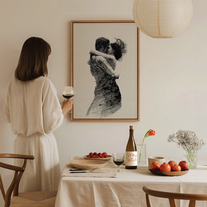 Lovers Almost Kiss Poster | Black and Cream Pen and Ink Art Print | Romantic Wall Art — styled in an interior
