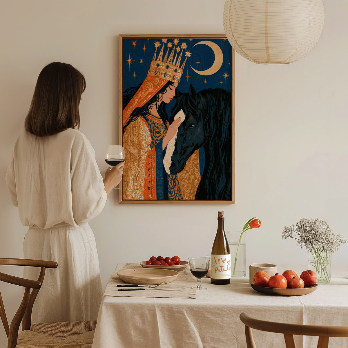 Queen Greets Night Poster | Gold and Midnight Illustrative Art Print | Dark Fantasy Wall Art — styled in an interior