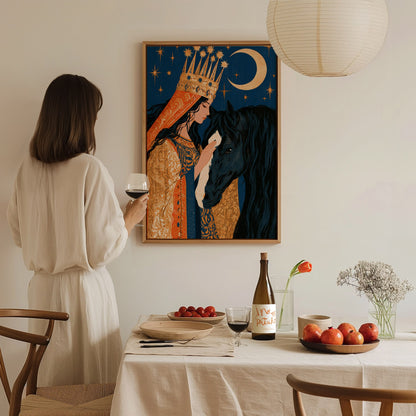 Queen Greets Night Poster | Gold and Midnight Illustrative Art Print | Dark Fantasy Wall Art — styled in an interior