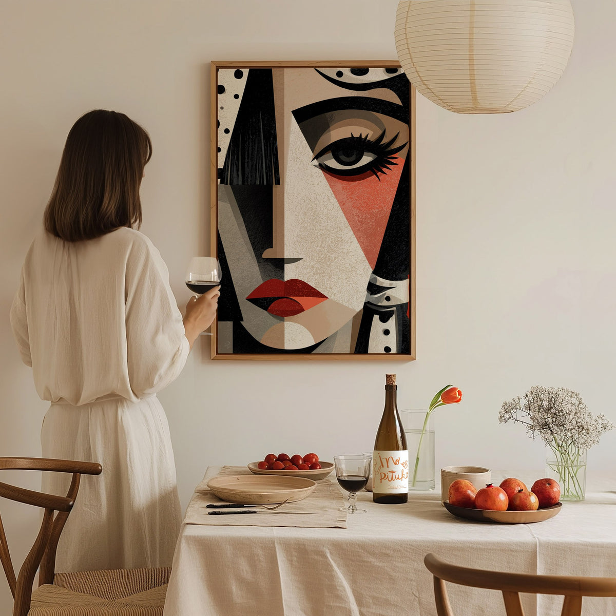 Cubist Woman Watches Poster | Black and Orange Abstract Art Print | Modernist Wall Art — styled in an interior