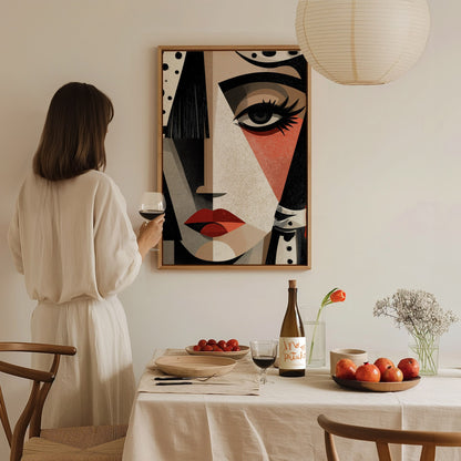Cubist Woman Watches Poster | Black and Orange Abstract Art Print | Modernist Wall Art — styled in an interior