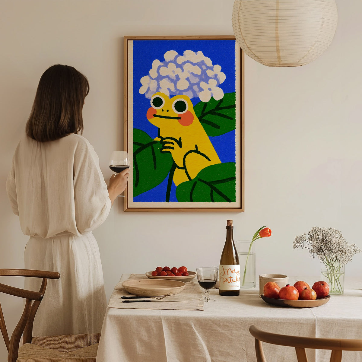Toad with Hydrangeas Poster | Yellow and Periwinkle Illustrative Art Print | Kids Room Wall Art — styled in an interior