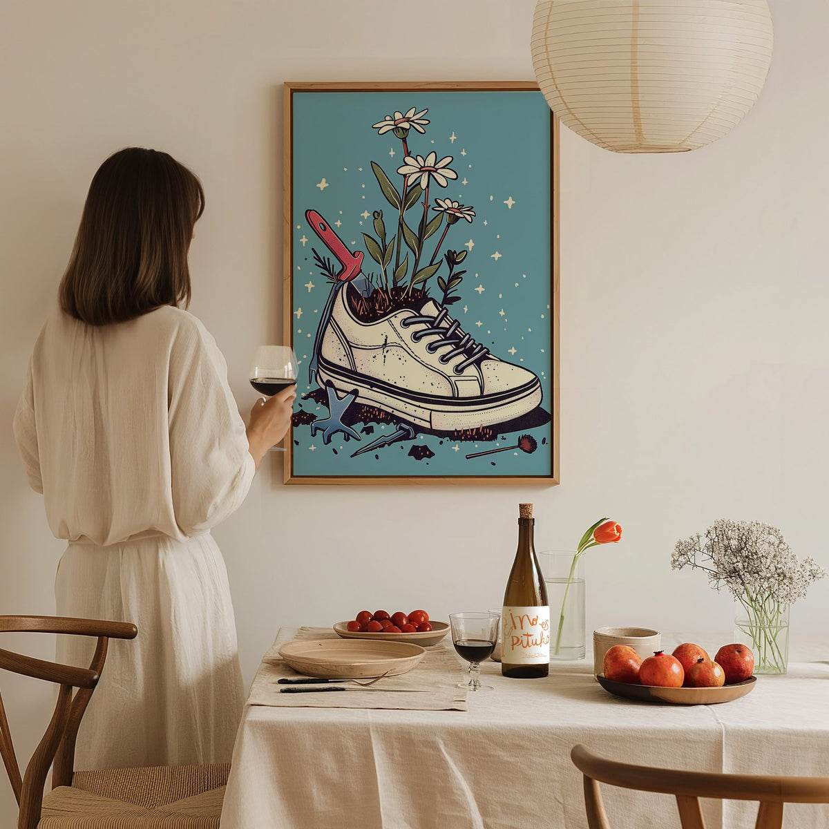 Sneaker Garden Poster | Blue and Coral Illustrative Art Print | Plant Lover Wall Art — styled in an interior