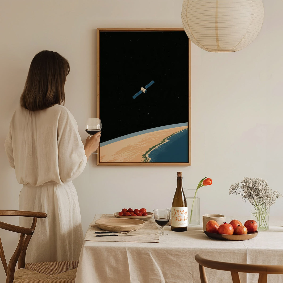 Satellite Keeps Watch Poster | Blue and Tan Illustrative Art Print | Space Enthusiast Wall Art — styled in an interior
