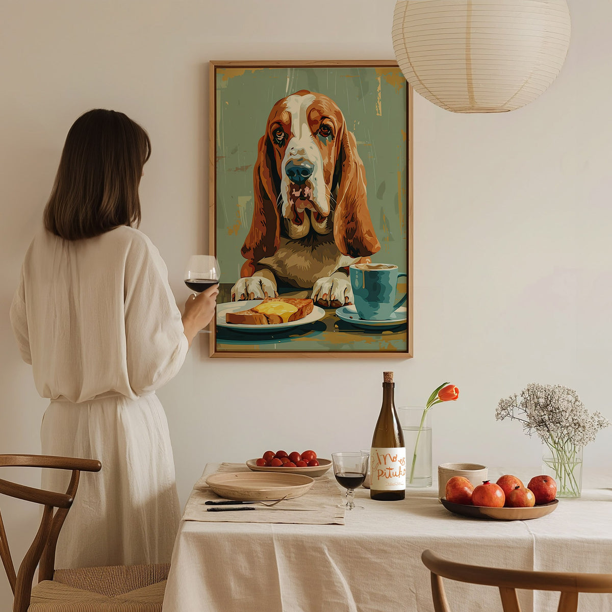Hound Waits for Toast Poster | Tan and Cobalt Illustrative Art Print | Kitchen Wall Art — styled in an interior